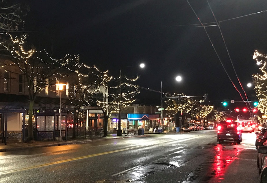 caption: Tree lights on Market Street in downtown Ballard.
