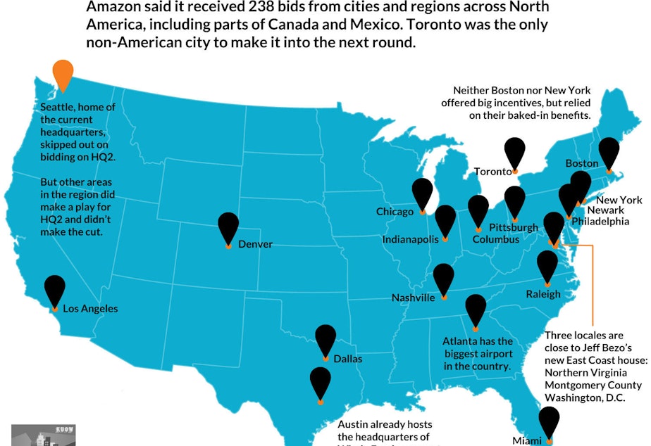 caption: In January 2017 Amazon released its short list of 20 places in the running to host its second headquarters.