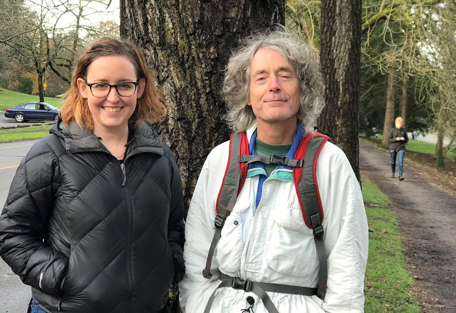 caption: KUOW listener Erika Tobiason and Green Lake tree expert Arthur Lee Jacobson